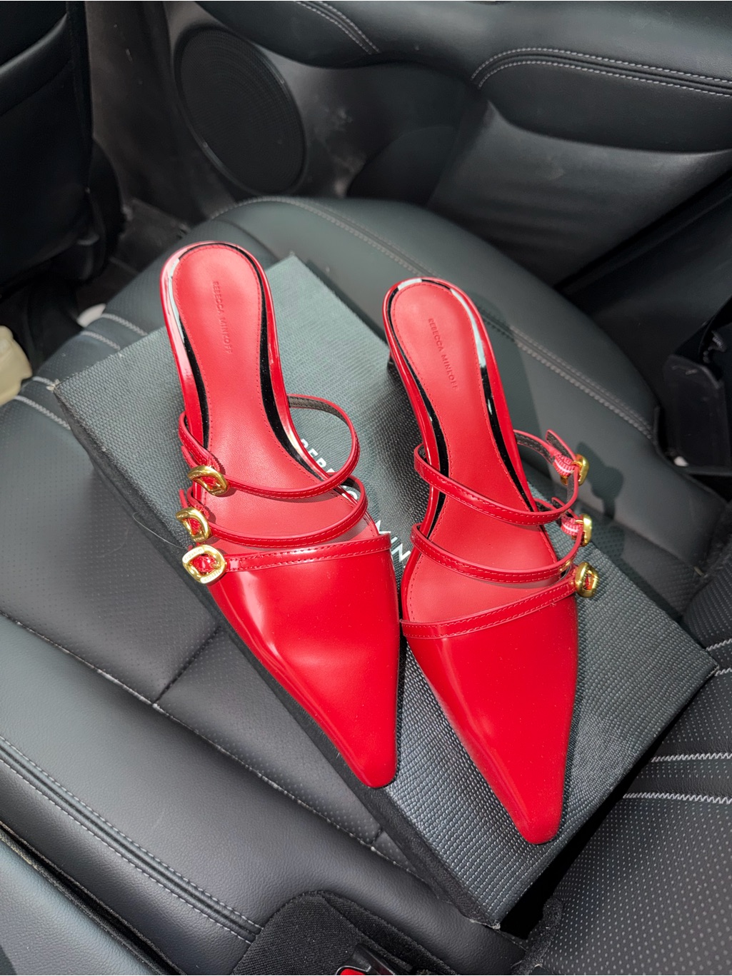 Rebecca Minkoff Red Leather Mules With Gold Buckles